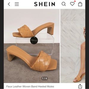 Faux Leather Woven Band Heeled Mules Size 8.5